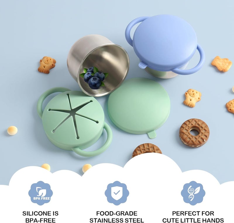 Daximo 2 Pack Snack Cups for Toddlers Spill Proof - Detachable Stainless Steel Toddler Snack Cups with Silicone Lids & Handles - Dishwasher Safe Baby Snack Containers for Mess-Free Snacking (Blue and Green) - Image 4
